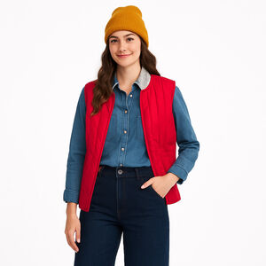 Vintage Simpsons Red Down Puffer Vest Knit Collar Plaid Lining Cottagecore, M